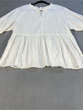 Samansa Mos2 women’s White Peasant Blouse with Ruffle Neck, hem embroidered, F